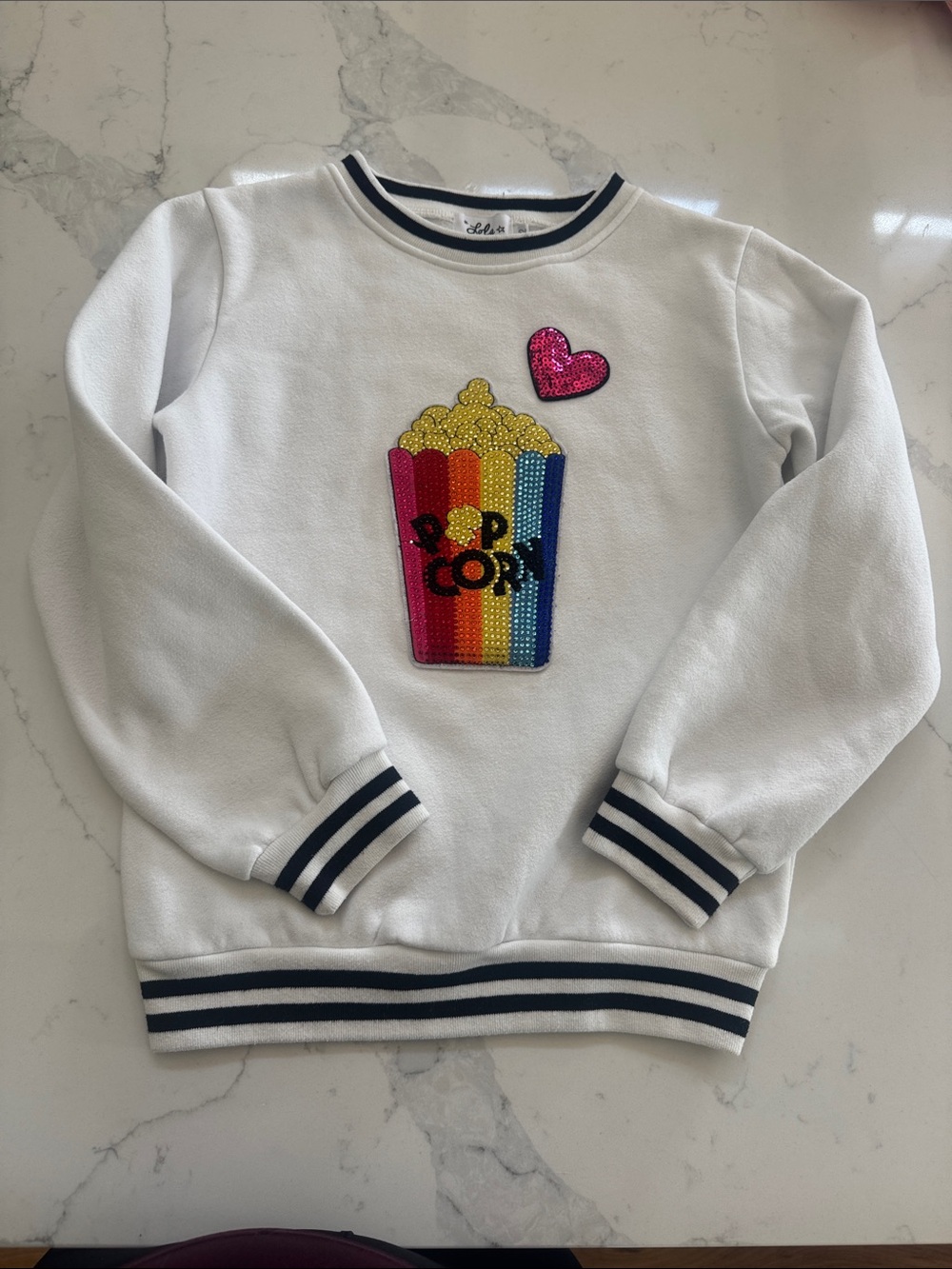 Lola + The Boys White Sweatshirt with Rainbow Sequin Popcorn Patch
